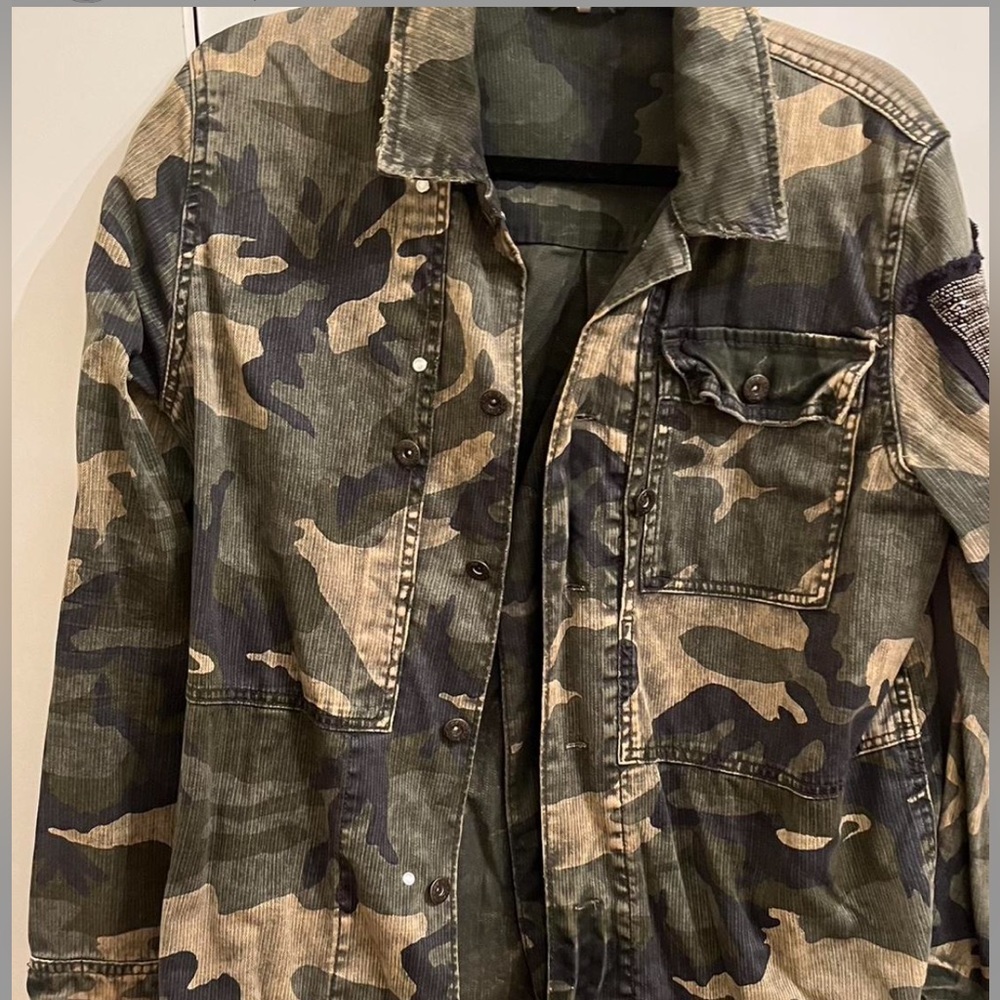Camo oversized free people shacket with rhinestone detail.